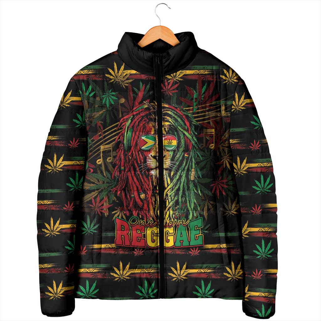 Personalized Guyana One Love Reggae Lion Padded Jacket Caribbean Reggae Spirit