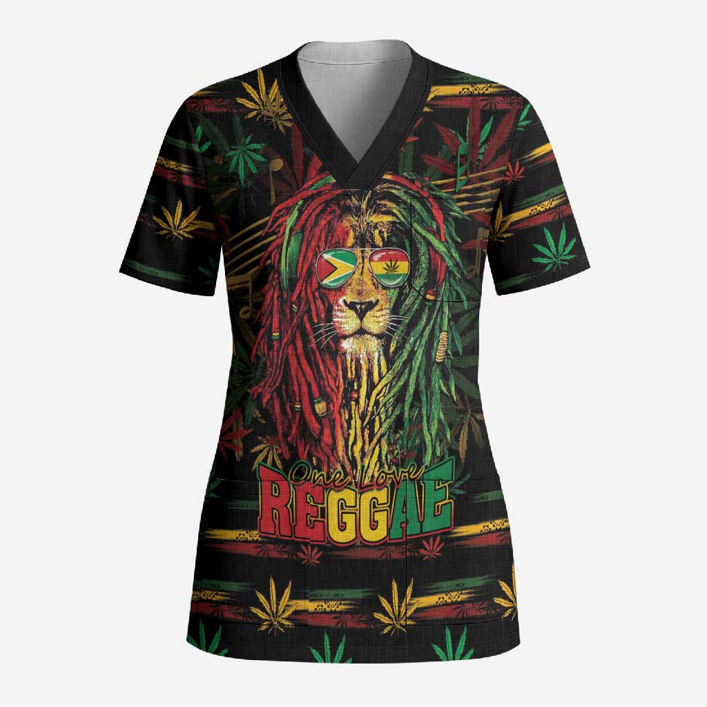 Personalized Guyana One Love Reggae Lion Scrub Top Caribbean Reggae Spirit