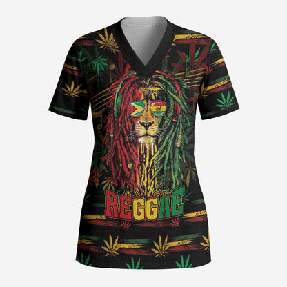 Personalized Guyana One Love Reggae Lion Scrub Top Caribbean Reggae Spirit