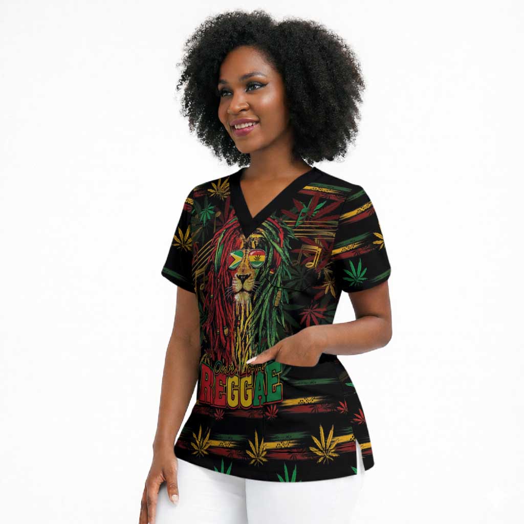 Personalized Guyana One Love Reggae Lion Scrub Top Caribbean Reggae Spirit
