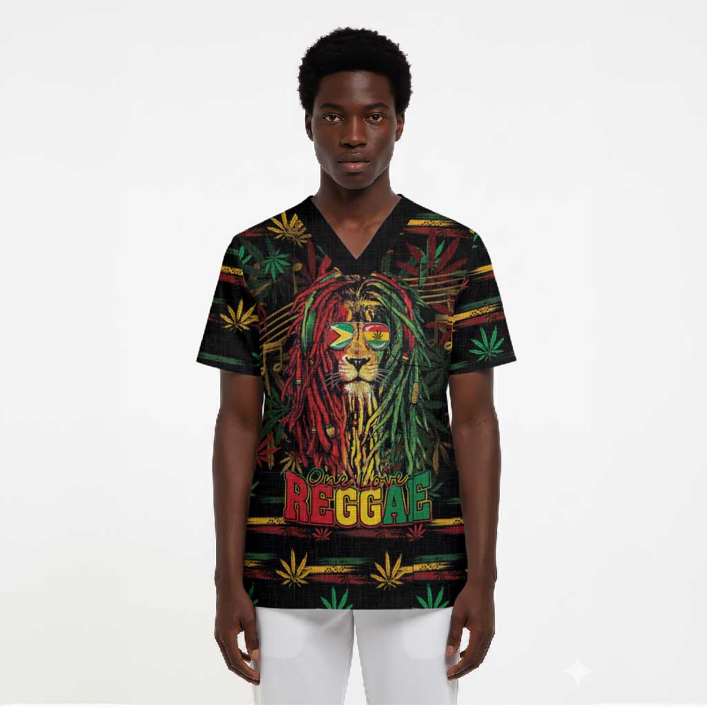 Personalized Guyana One Love Reggae Lion Scrub Top Caribbean Reggae Spirit