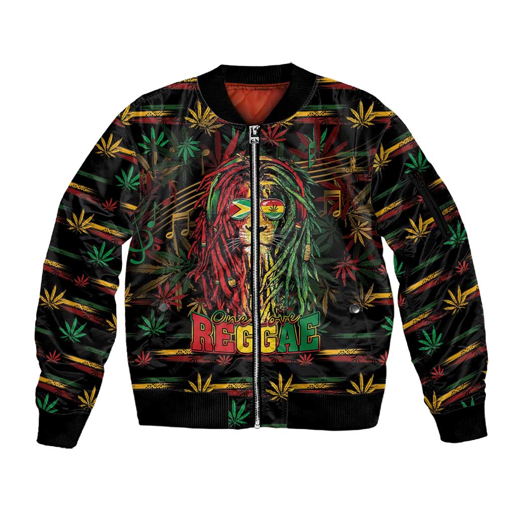 Personalized Guyana One Love Reggae Lion Sleeve Zip Bomber Jacket Caribbean Reggae Spirit