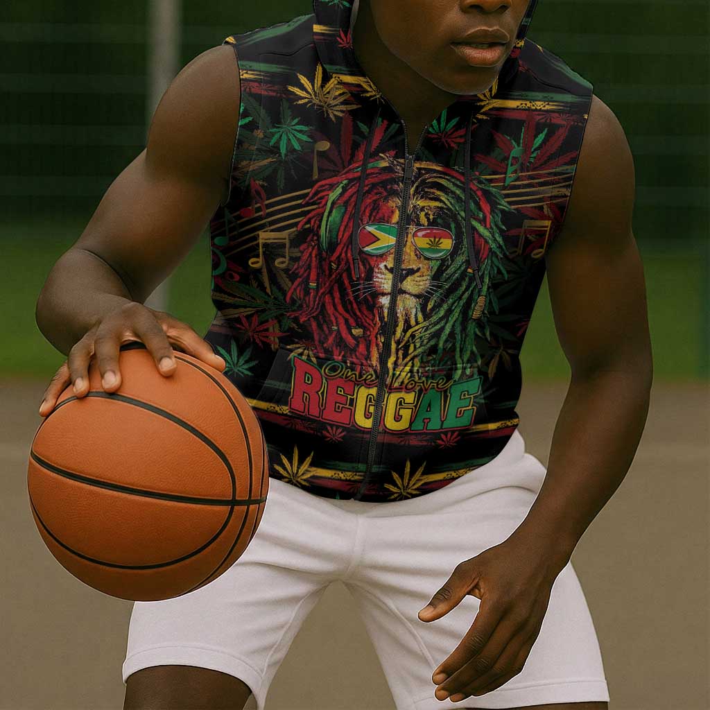 Personalized Guyana One Love Reggae Lion Sleeveless Zip Hoodie Caribbean Reggae Spirit