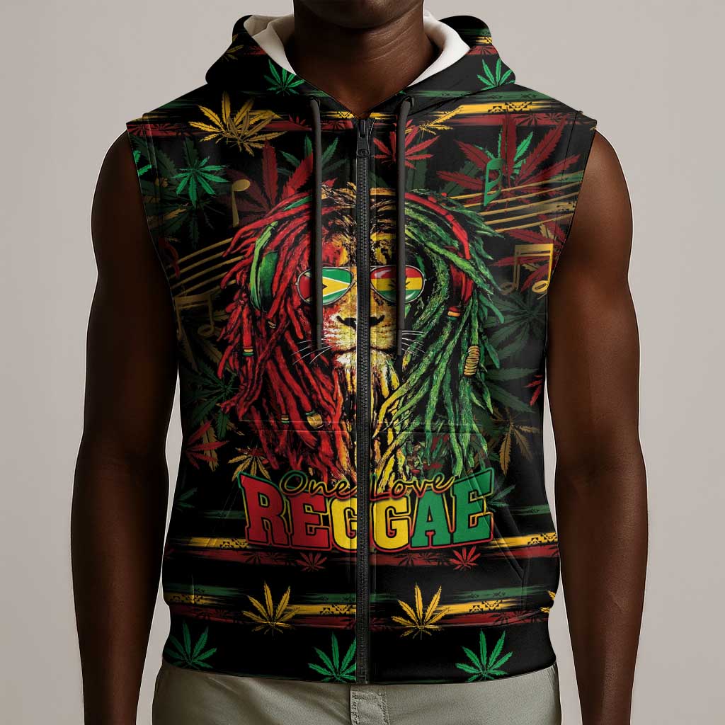 Personalized Guyana One Love Reggae Lion Sleeveless Zip Hoodie Caribbean Reggae Spirit