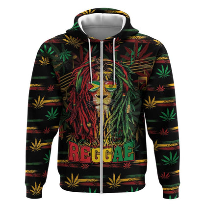 Personalized Guyana One Love Reggae Lion Zip Hoodie Caribbean Reggae Spirit