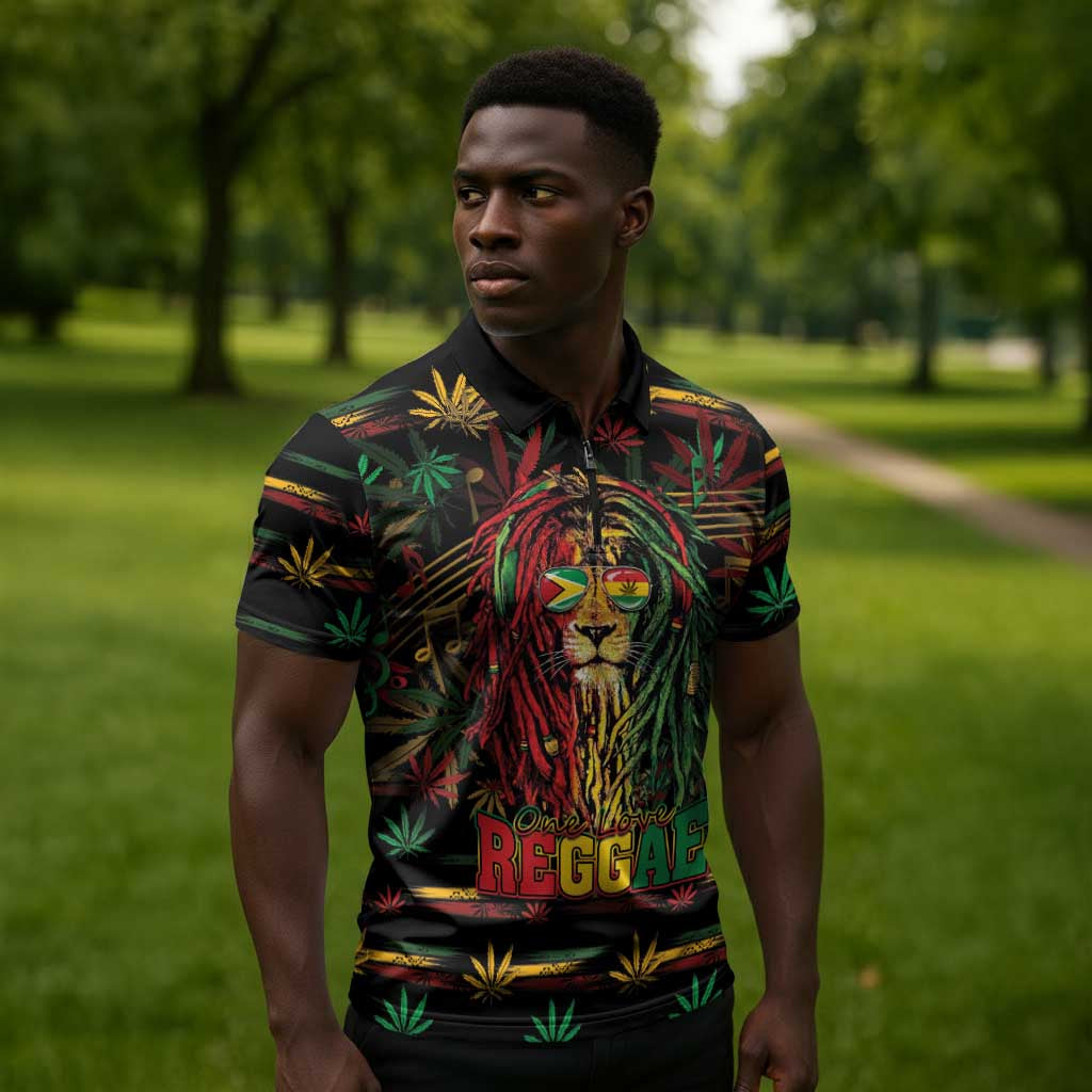 Personalized Guyana One Love Reggae Lion Zipper Polo Shirt Caribbean Reggae Spirit