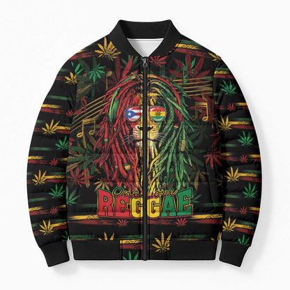 Personalized Puerto Rico One Love Reggae Lion Bomber Puffer Jacket Caribbean Reggae Spirit