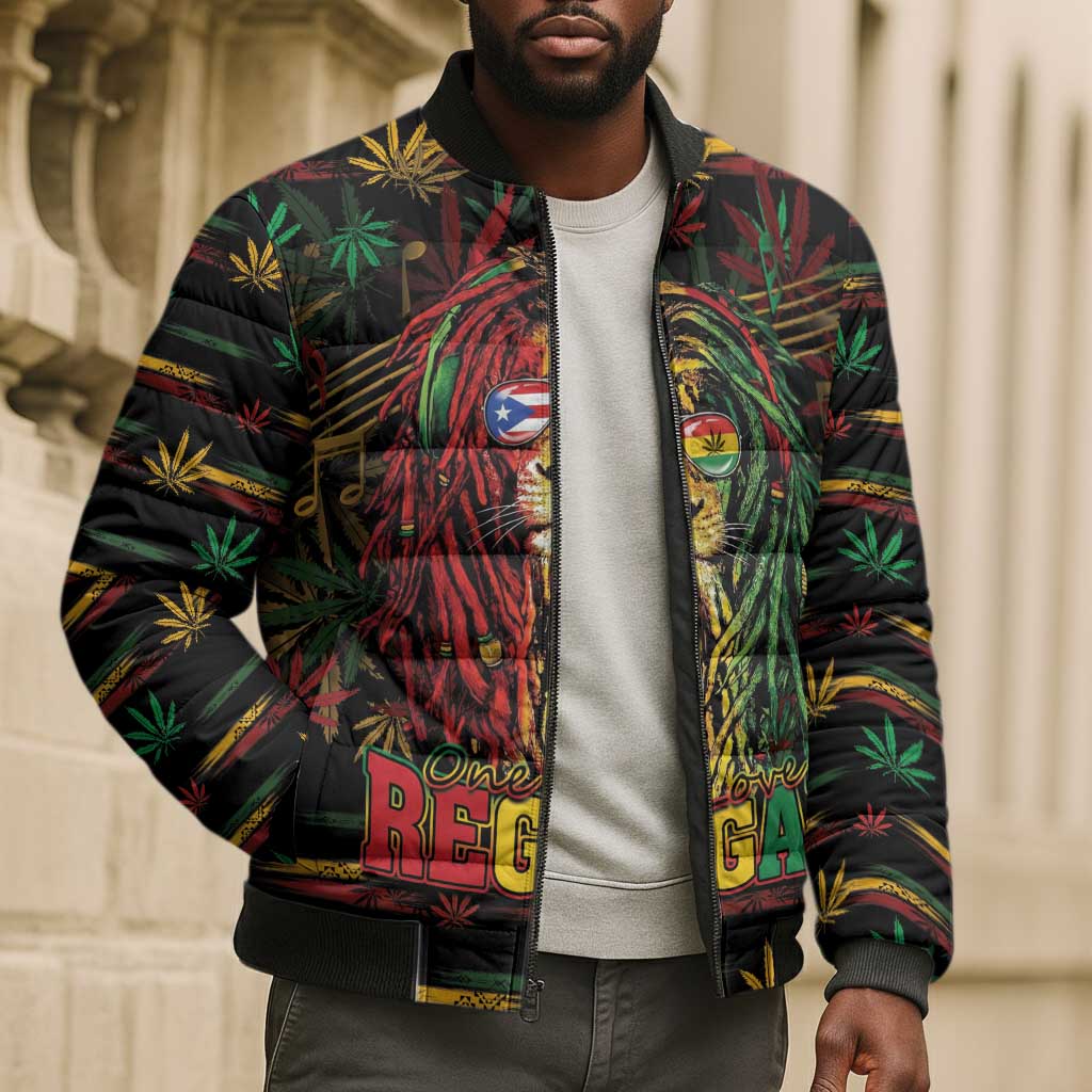 Personalized Puerto Rico One Love Reggae Lion Bomber Puffer Jacket Caribbean Reggae Spirit