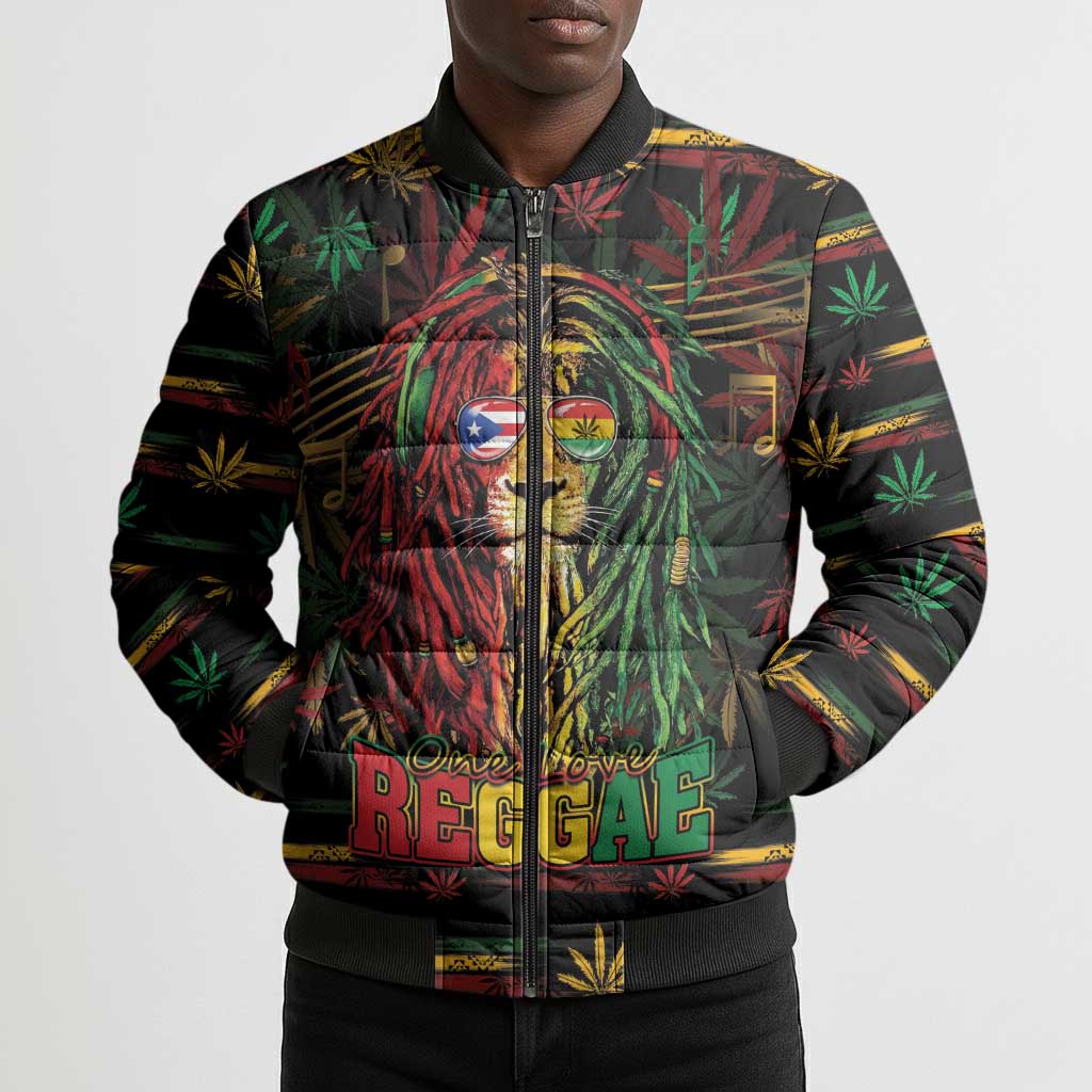 Personalized Puerto Rico One Love Reggae Lion Bomber Puffer Jacket Caribbean Reggae Spirit
