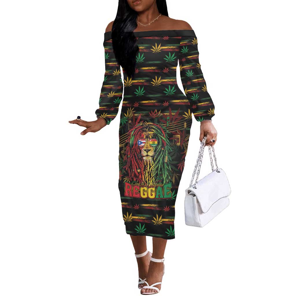 Personalized Puerto Rico One Love Reggae Lion Off The Shoulder Long Sleeve Dress Caribbean Reggae Spirit
