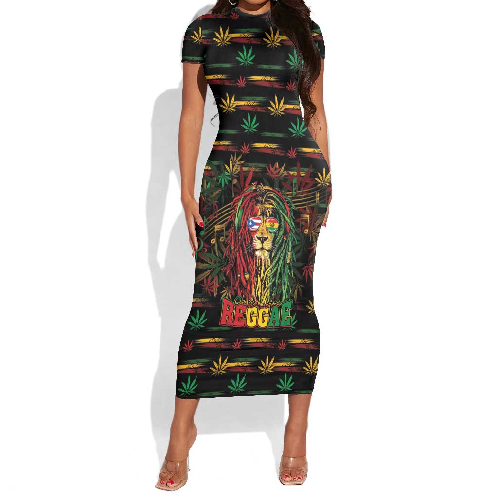Personalized Puerto Rico One Love Reggae Lion Short Sleeve Bodycon Dress Caribbean Reggae Spirit