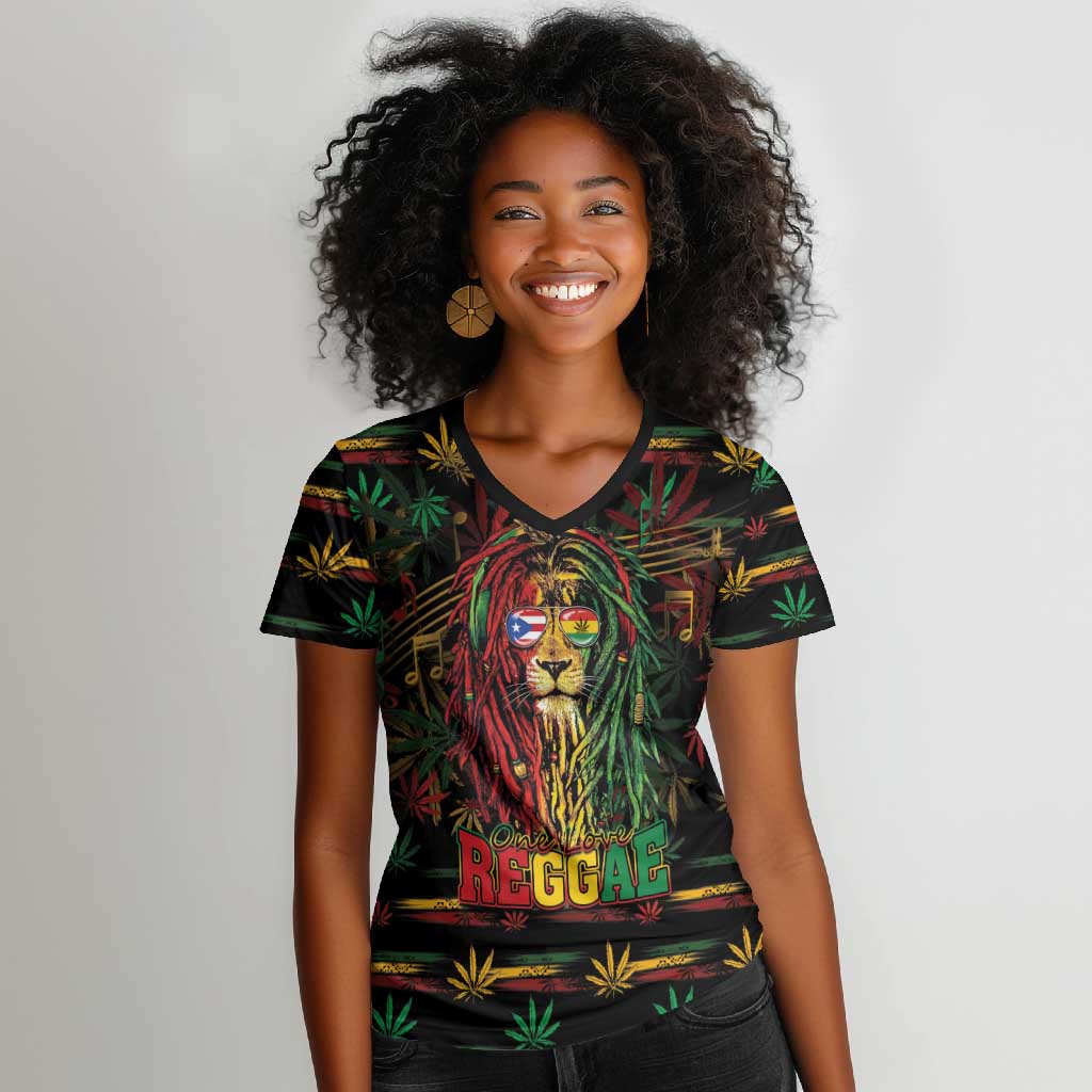 Personalized Puerto Rico One Love Reggae Lion Women V-Neck T-Shirt Caribbean Reggae Spirit
