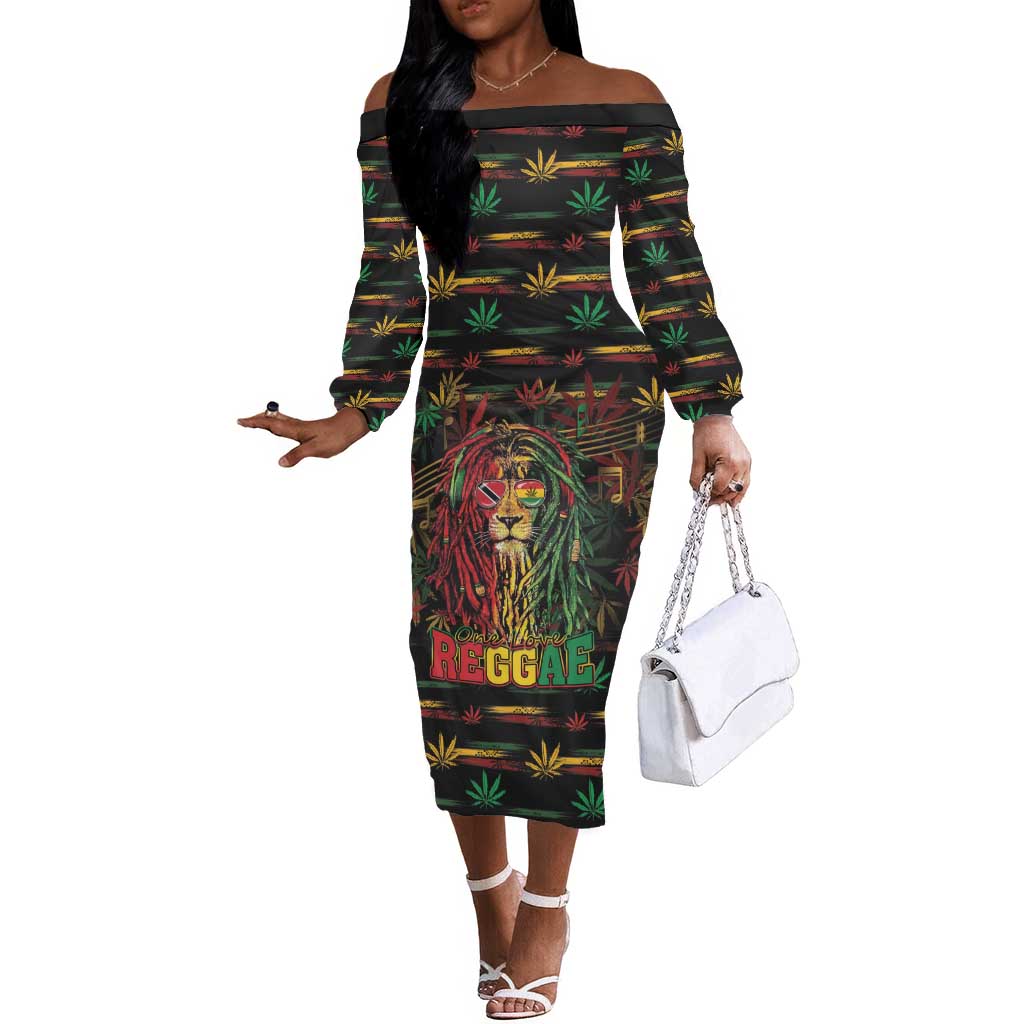 Personalized Trinidad and Tobago One Love Reggae Lion Off The Shoulder Long Sleeve Dress Caribbean Reggae Spirit