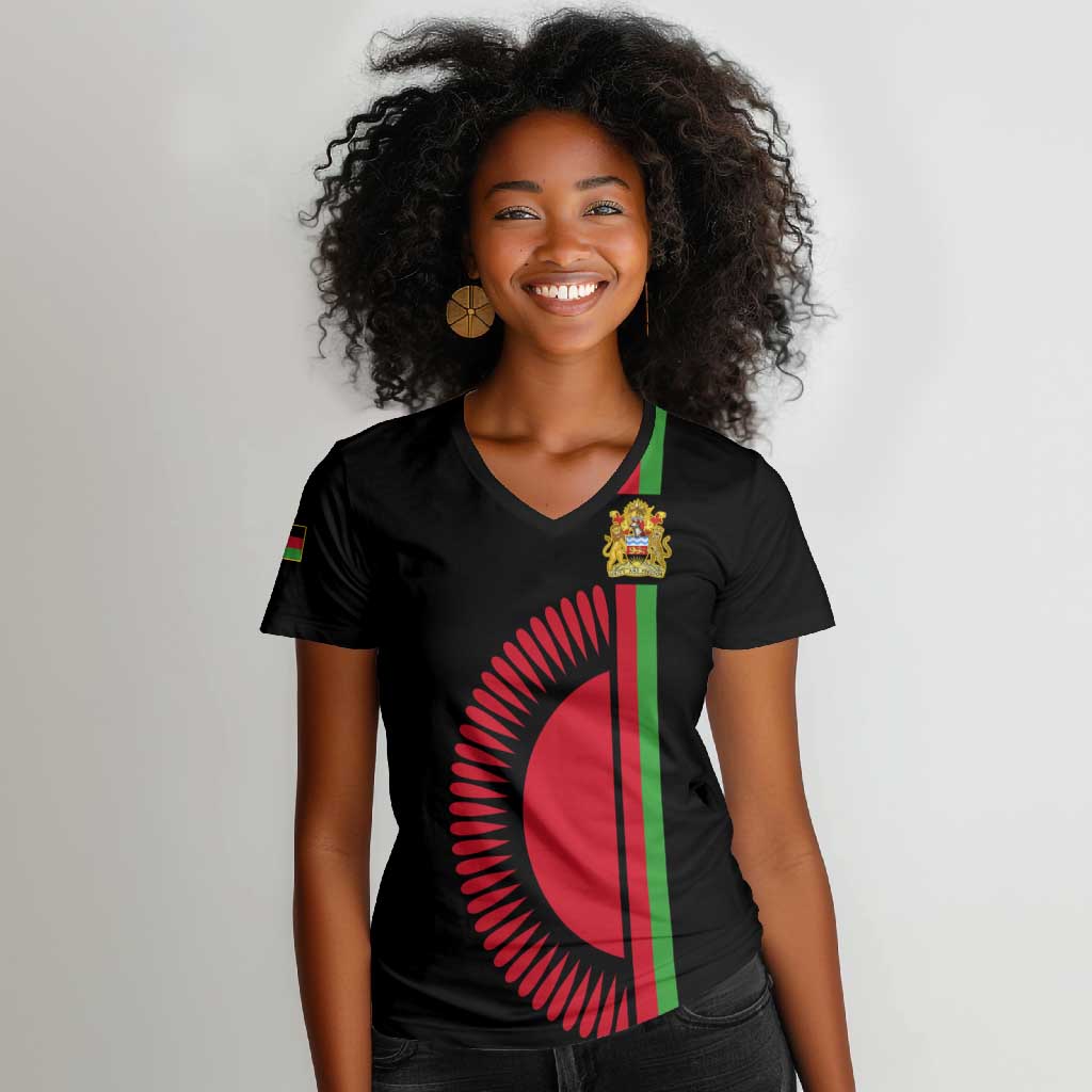 Personalized Malawi Women V-Neck T-Shirt with Coat of Arms Flag Style