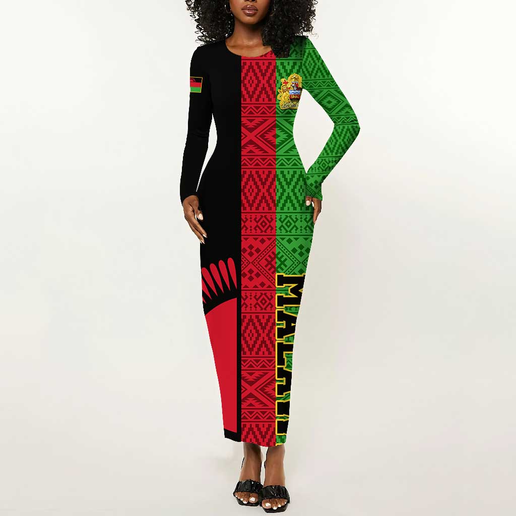 Personalized Malawi Long Sleeve Bodycon Dress with Coat of Arms and African Pattern