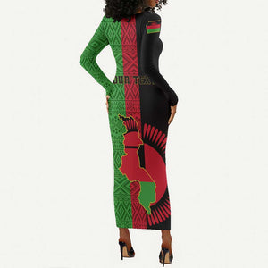 Personalized Malawi Long Sleeve Bodycon Dress with Coat of Arms and African Pattern