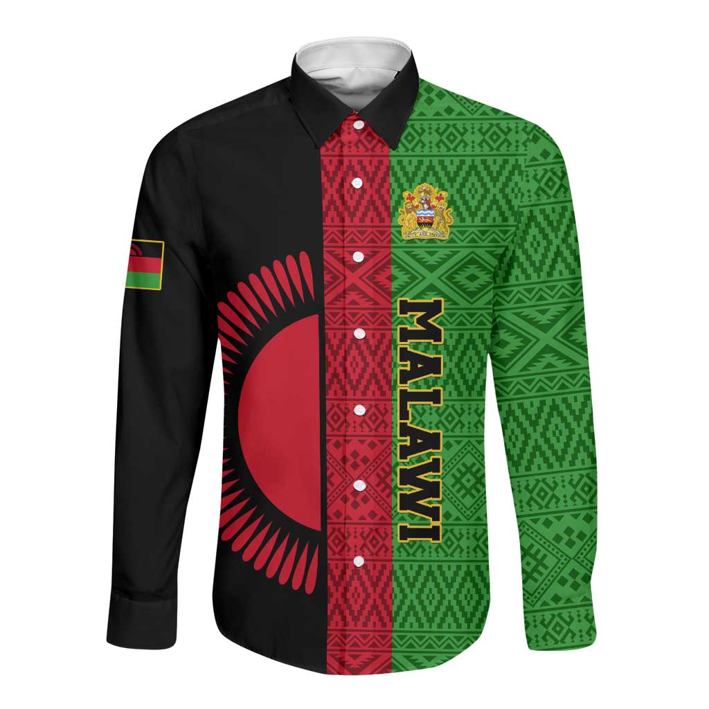 Personalized Malawi Long Sleeve Button Shirt with Coat of Arms and African Pattern