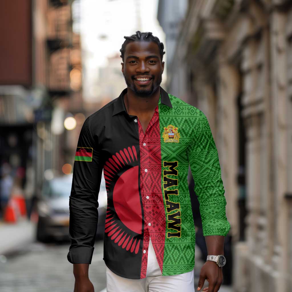 Personalized Malawi Long Sleeve Button Shirt with Coat of Arms and African Pattern