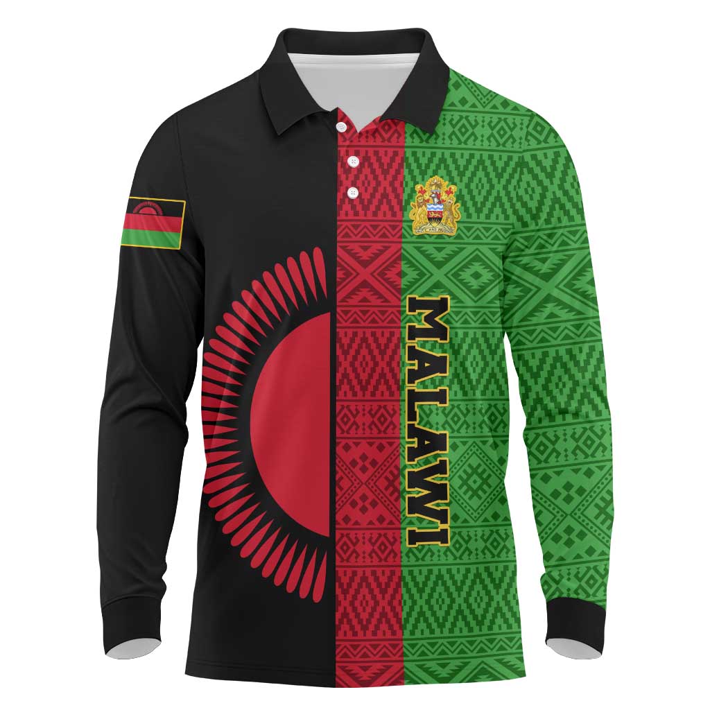 Personalized Malawi Long Sleeve Polo Shirt with Coat of Arms and African Pattern