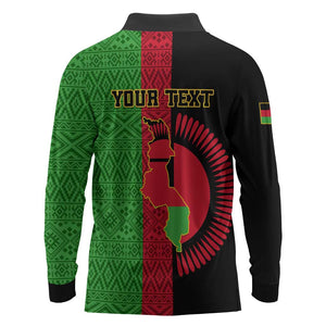 Personalized Malawi Long Sleeve Polo Shirt with Coat of Arms and African Pattern