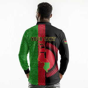 Personalized Malawi Long Sleeve Polo Shirt with Coat of Arms and African Pattern