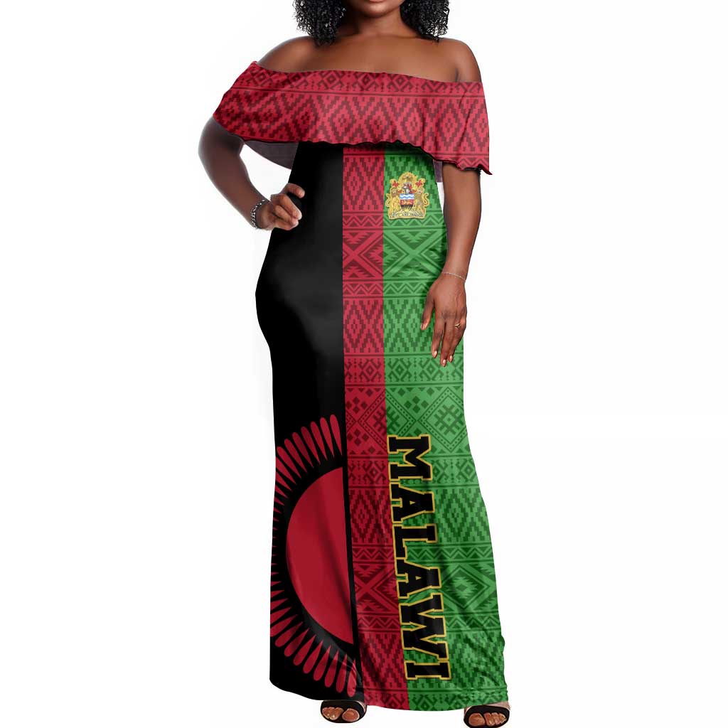 Personalized Malawi Off Shoulder Maxi Dress with Coat of Arms and African Pattern