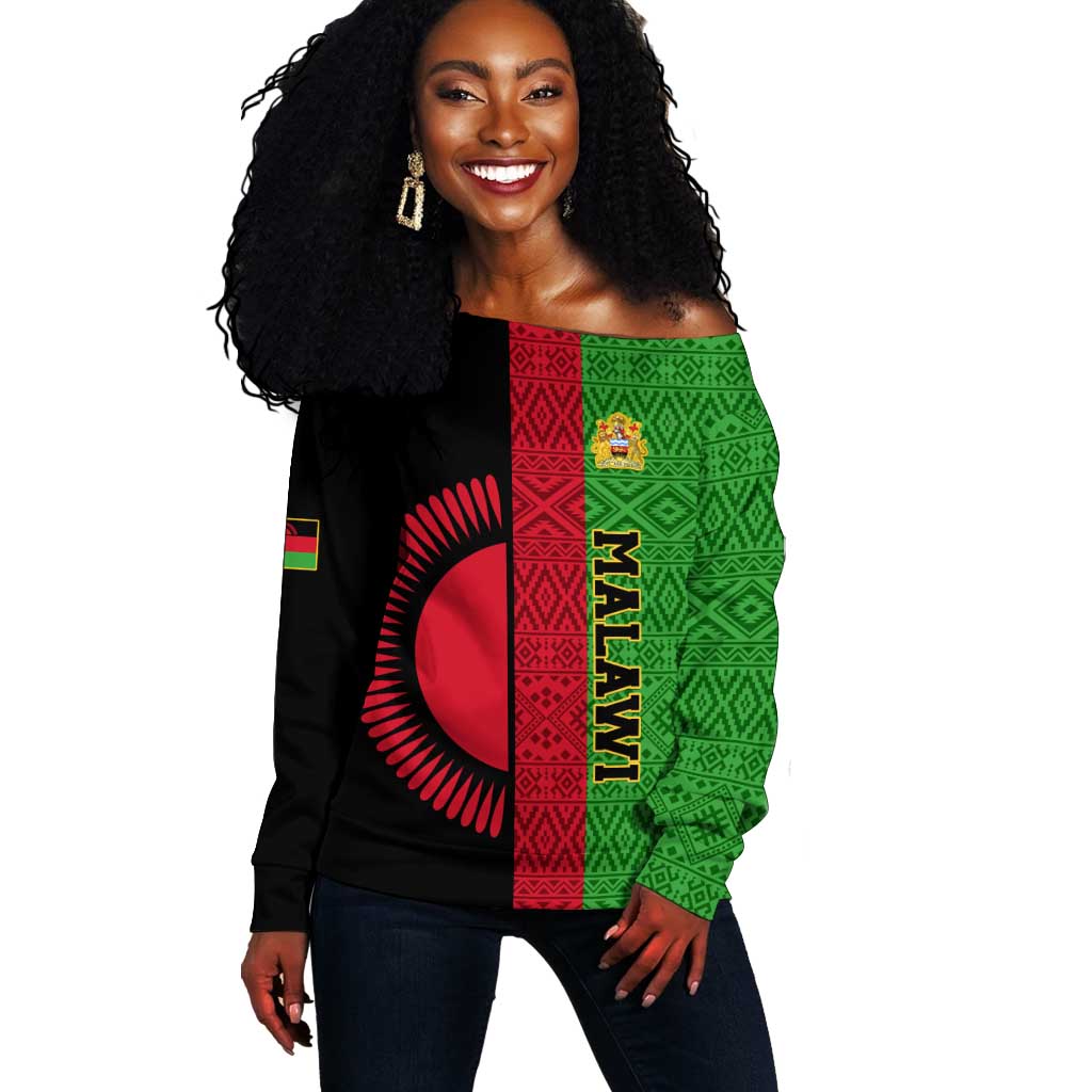 Personalized Malawi Off Shoulder Sweater with Coat of Arms and African Pattern