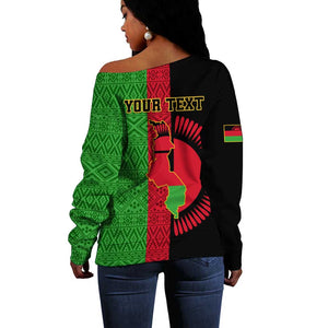 Personalized Malawi Off Shoulder Sweater with Coat of Arms and African Pattern