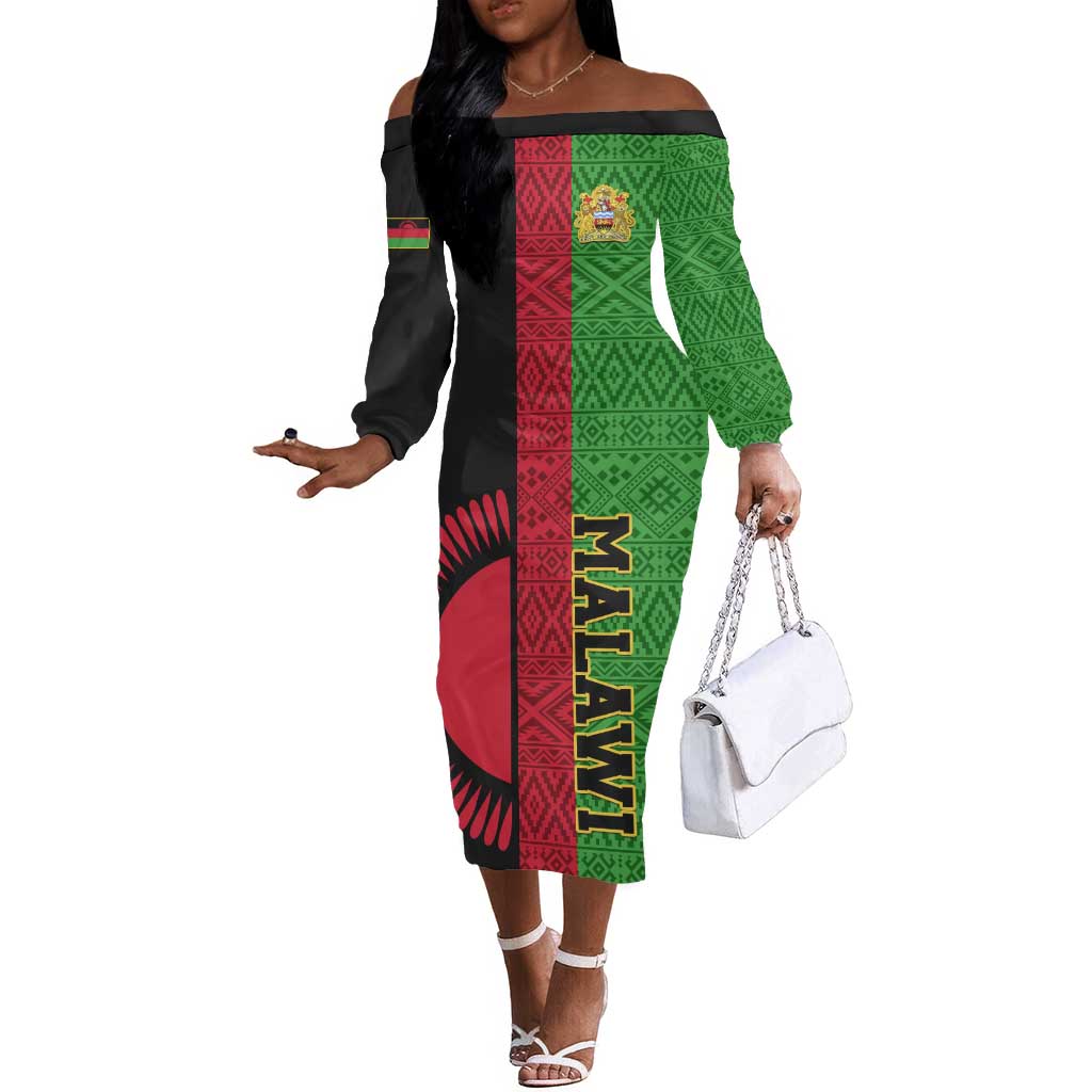 Personalized Malawi Off The Shoulder Long Sleeve Dress with Coat of Arms and African Pattern