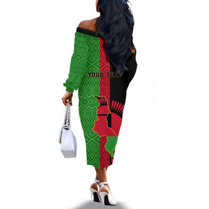 Personalized Malawi Off The Shoulder Long Sleeve Dress with Coat of Arms and African Pattern