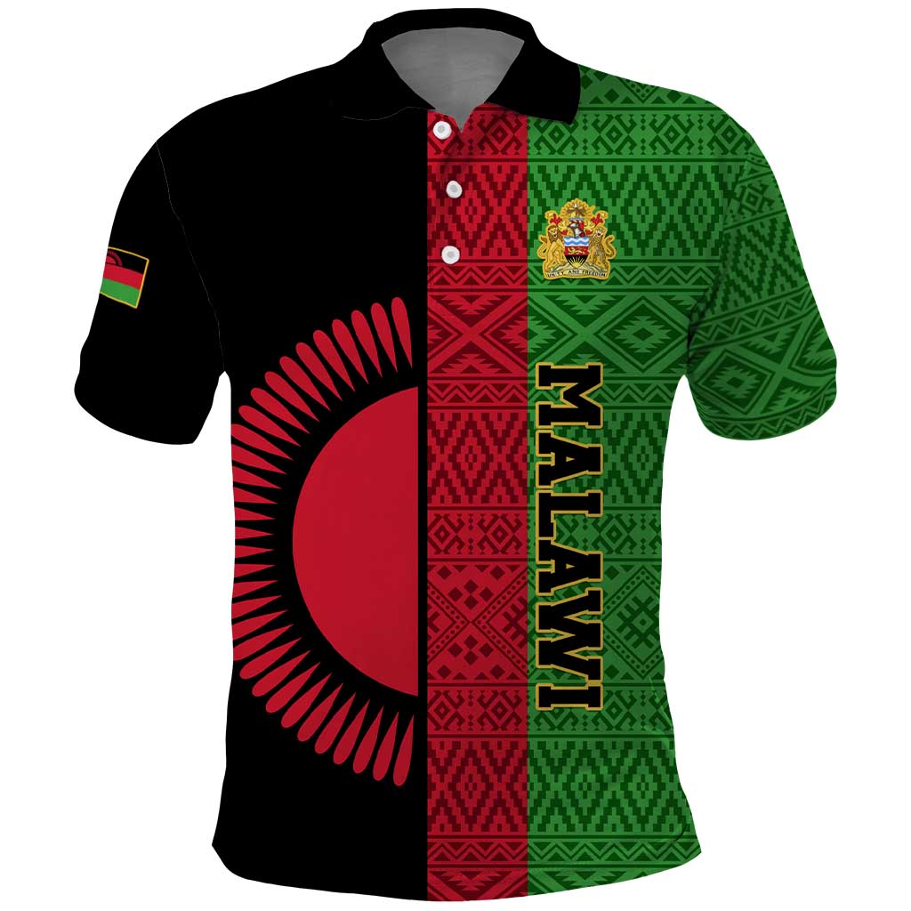 Personalized Malawi Polo Shirt with Coat of Arms and African Pattern