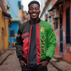 Personalized Malawi Sleeve Zip Bomber Jacket with Coat of Arms and African Pattern