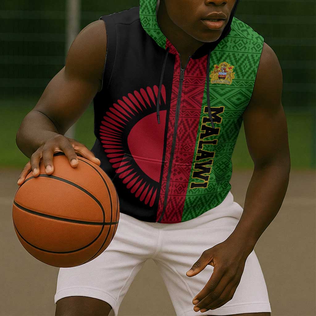 Personalized Malawi Sleeveless Zip Hoodie with Coat of Arms and African Pattern - African Pride