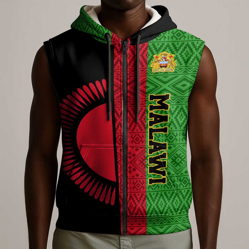 Personalized Malawi Sleeveless Zip Hoodie with Coat of Arms and African Pattern - African Pride