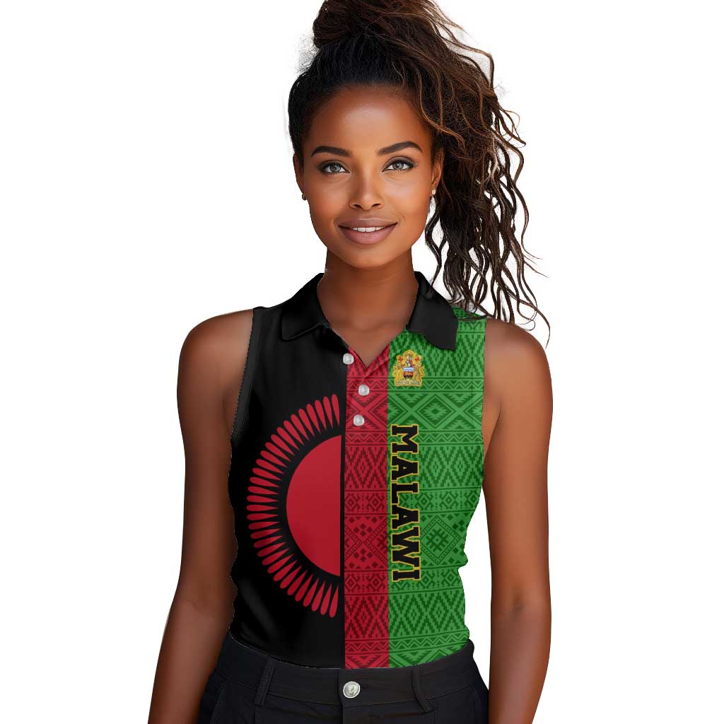 Personalized Malawi Women Sleeveless Polo Shirt with Coat of Arms and African Pattern