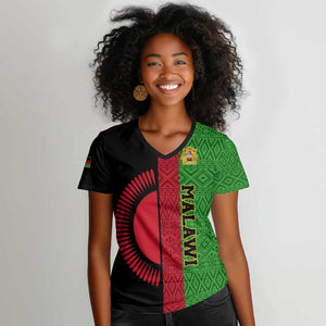 Personalized Malawi Women V-Neck T-Shirt with Coat of Arms and African Pattern