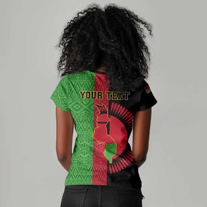 Personalized Malawi Women V-Neck T-Shirt with Coat of Arms and African Pattern