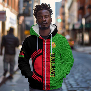 Personalized Malawi Zip Hoodie with Coat of Arms and African Pattern