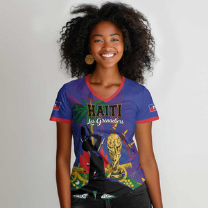 Custom Haiti World Football 2026 Women V-Neck T-Shirt Go Les Grenadiers LT01