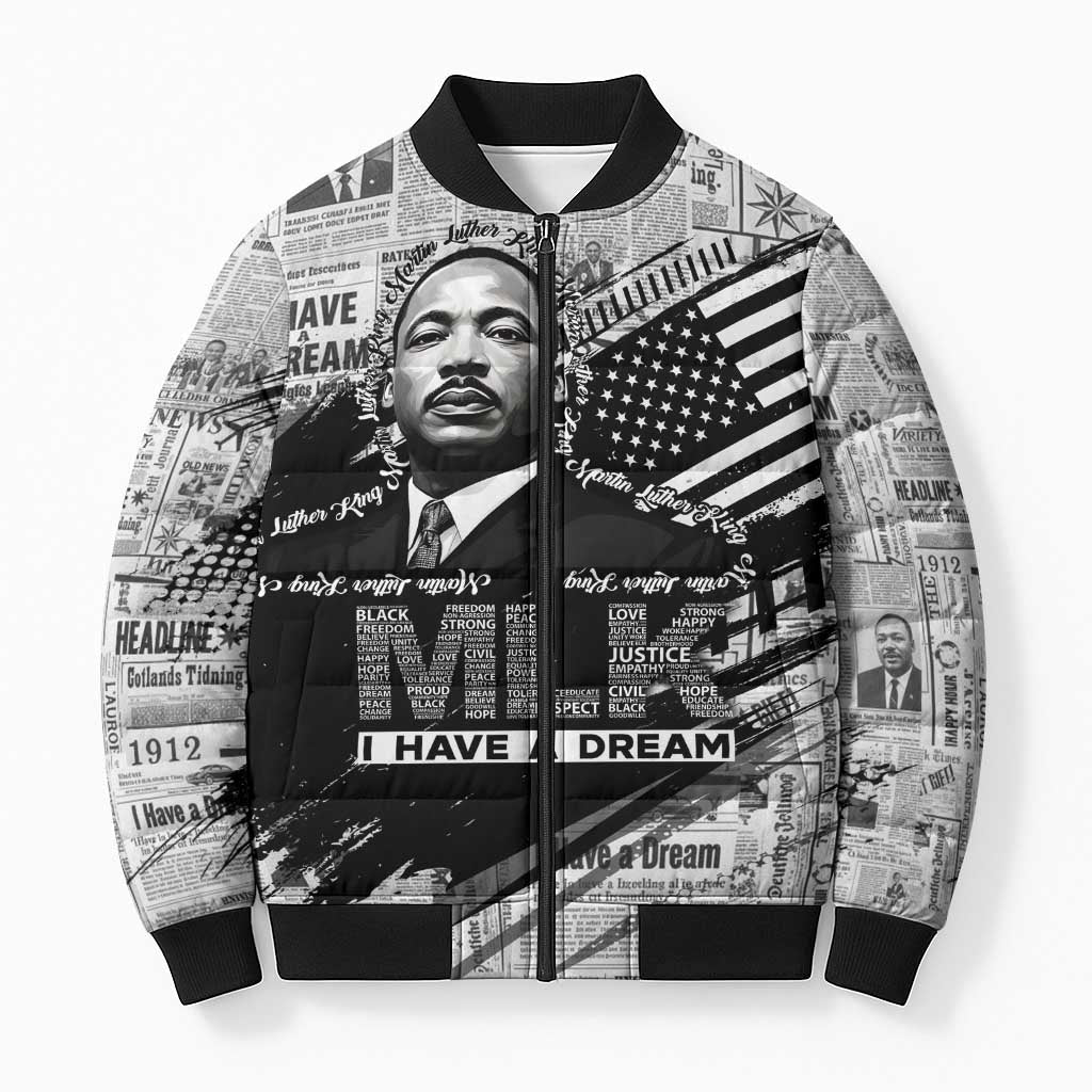 I Have A Dream MLK Bomber Puffer Jacket Newspaper Grunge Style - African Pride