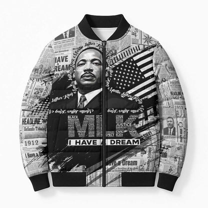 I Have A Dream MLK Bomber Puffer Jacket Newspaper Grunge Style - African Pride