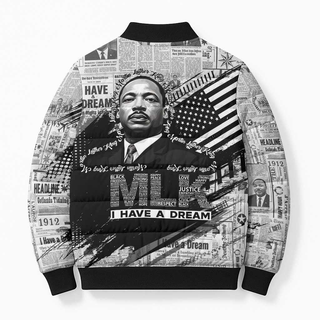 I Have A Dream MLK Bomber Puffer Jacket Newspaper Grunge Style - African Pride