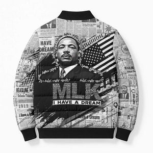 I Have A Dream MLK Bomber Puffer Jacket Newspaper Grunge Style - African Pride