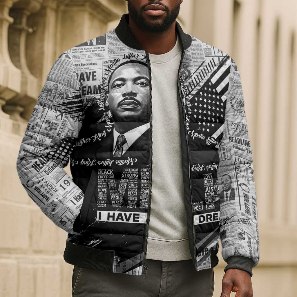 I Have A Dream MLK Bomber Puffer Jacket Newspaper Grunge Style - African Pride