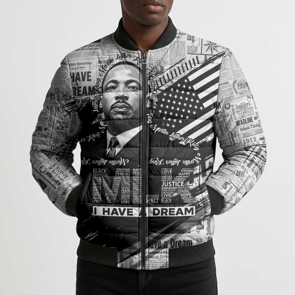 I Have A Dream MLK Bomber Puffer Jacket Newspaper Grunge Style - African Pride