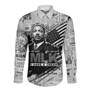 I Have A Dream MLK Long Sleeve Button Shirt Newspaper Grunge Style - African Pride