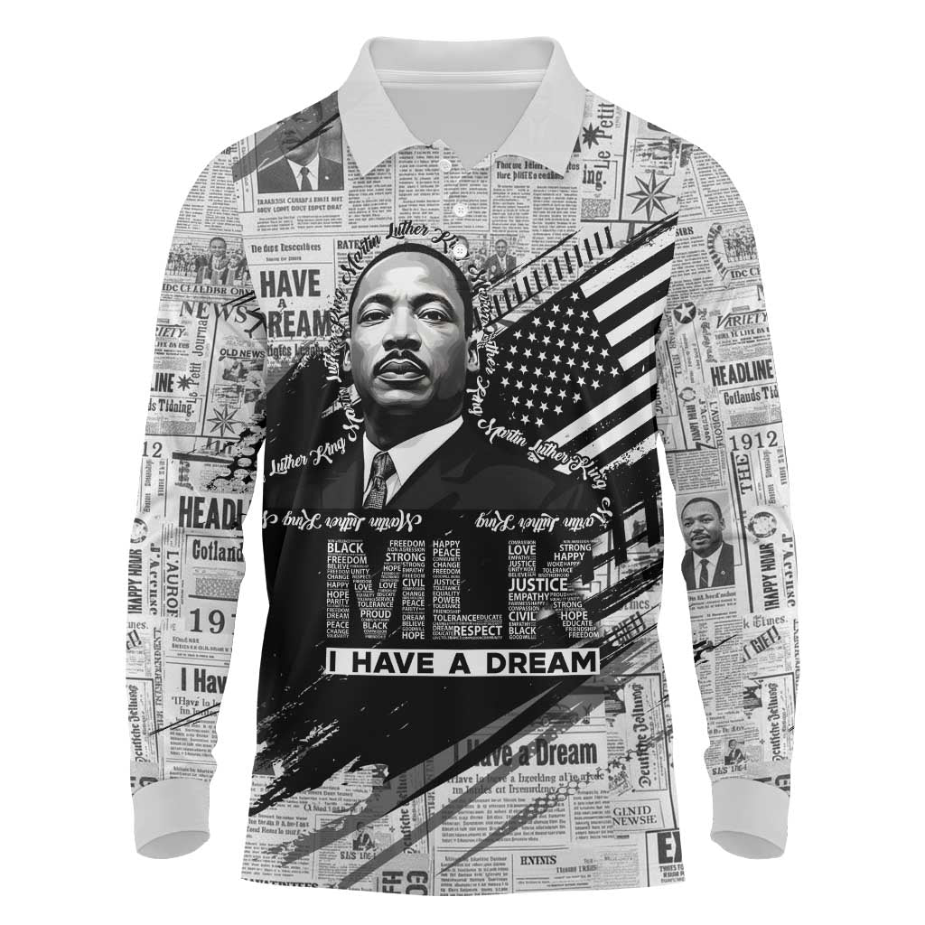 I Have A Dream MLK Long Sleeve Polo Shirt Newspaper Grunge Style - African Pride
