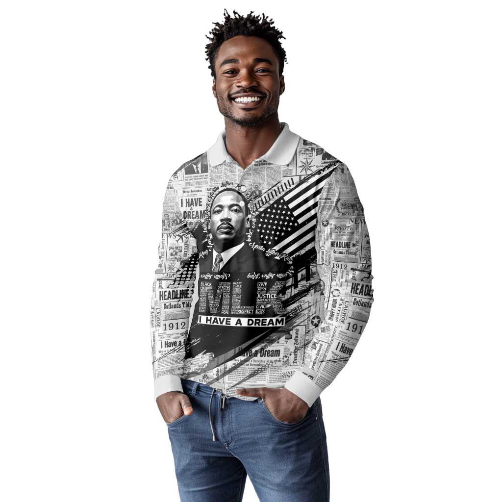 I Have A Dream MLK Long Sleeve Polo Shirt Newspaper Grunge Style - African Pride