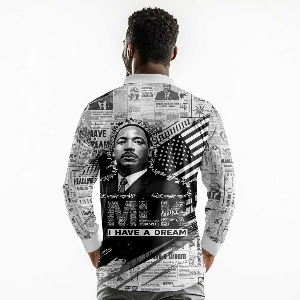 I Have A Dream MLK Long Sleeve Polo Shirt Newspaper Grunge Style - African Pride