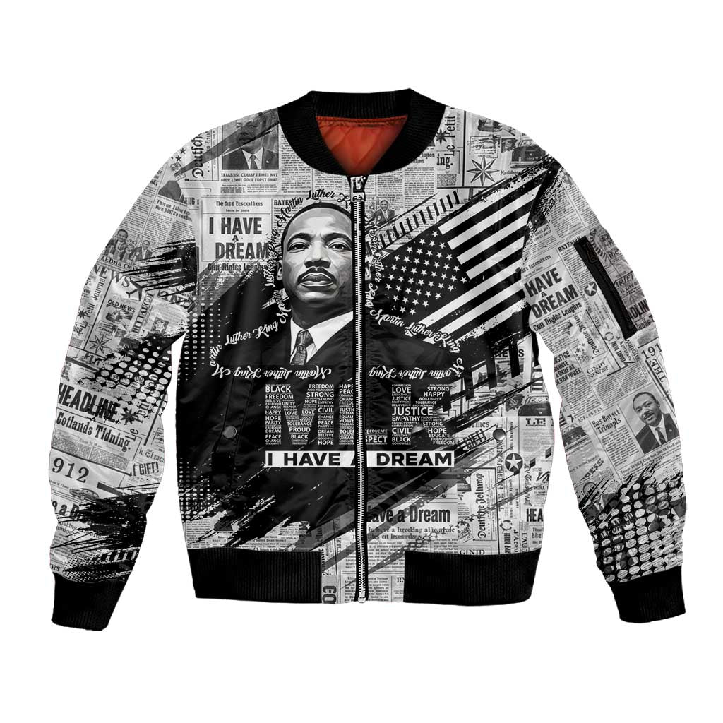 I Have A Dream MLK Sleeve Zip Bomber Jacket Newspaper Grunge Style - African Pride